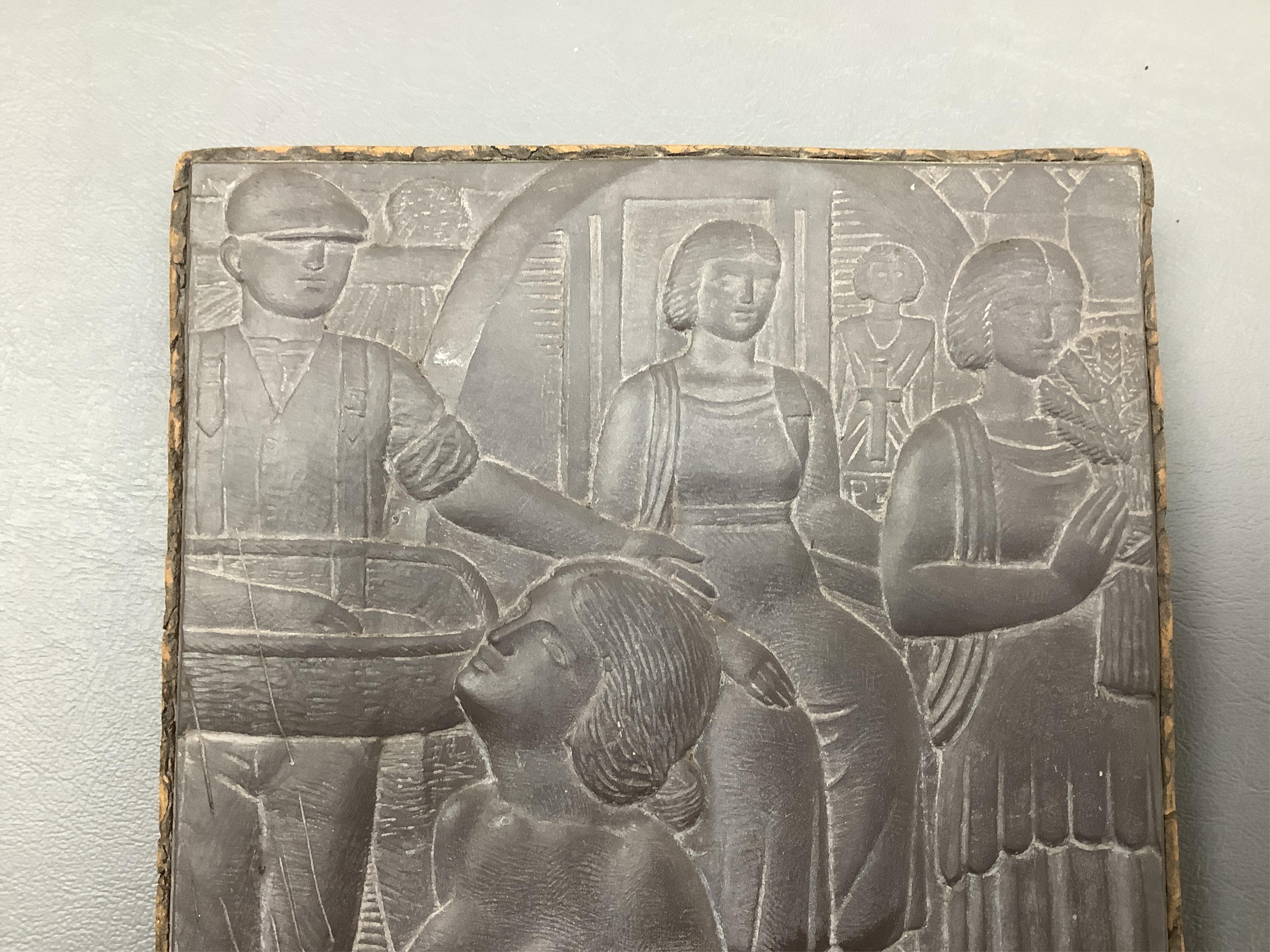 John McKenzie (1897-1972), relief carved slate plaque, ‘Seedtime and Harvest, initialled, inscribed verso, 20 x 16cm. Condition - good